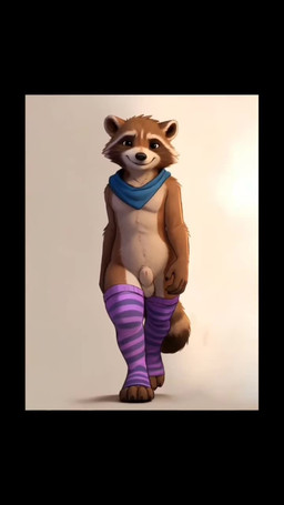 anthro blue_clothing close-up clothing crotch_focus crotch_smother crotch_smothering footwear fur grok_imagine knee_highs knee_socks legwear looking_at_viewer male multicolored_body multicolored_fur purple_clothing scarf socks solo walking_towards_viewer shut_up_and_watch rocket_raccoon mammal procyonid raccoon animated hi_res no_sound short_playtime webm