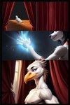 anthro beak black_hair curtains duo feathers female hair looking_at_viewer magic magic_user male male/female muscular muscular_male white_body potca kyrie_(potca) avian bird canid canine canis columbid mammal pigeon wolf comic hi_res