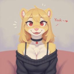 anthro blonde_hair bra_straps breasts chest_tuft choker cleavage clothed clothing dialogue eye_contact fangs female fur hair heart_symbol jewelry lace lace_bra looking_at_another looking_at_viewer necklace off_shoulder open_mouth red_eyes solo teeth tuft yellow_body yellow_fur verbotenvertex mila_minx mammal mink mustelid musteline true_musteline hi_res