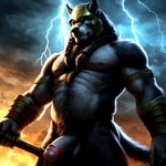 absurd_res anthro balls body_hair canid canine chest_hair genitals hi_res lightning male mammal nipples norse_mythology penis pup_tobey solo storm_clouds thor vein veiny_penis