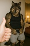 anthro bed bedroom bottomwear clothing ear_piercing furniture gesture inside looking_at_viewer male muscular muscular_anthro neck_tuft photorealism photorealistic piercing realistic realistic_fur shirt shorts smile smiling_at_viewer solo solo_focus tank_top thumbs_up topwear tuft underwear unzipped delken canid canine canis mammal wolf hi_res
