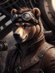 anthro black_nose blue_eyes brown_body brown_fur brown_hair clothed clothing detailed_background eyewear eyewear_on_head fur goggles goggles_on_head hair jacket leather leather_clothing leather_jacket leather_topwear looking_at_viewer male smile solo solo_focus steampunk topwear doc_(director) brown_bear mammal ursid ursine 2:3 headshot_portrait portrait