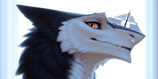 abstract_background anchor anthro black_body black_fur fangs female fluffy_body fur golden_eyes sail side_view solo teeth white_body white_fur auykac sergal hi_res meme portrait