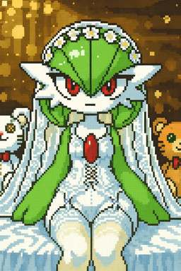 anthro bedding bowtie bride clothing corset dress female flower flower_on_head front_view green_body legwear lingerie looking_at_viewer plant plushie red_eyes sitting solo straps thigh_highs topwear toy wedding_dress wedding_veil white_body wide_hips pixeldreamyai nintendo pokemon gardevoir generation_3_pokemon pokemon_(species) digital_media_(artwork) hi_res pixel_(artwork)