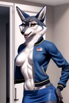 absurd_res anthro athletic bottomwear breasts bumblebee95 canid canine canis clothed clothing detailed female hi_res jacket looking_at_viewer mammal partially_clothed porsha_crystal realistic seductive skirt solo topwear wolf
