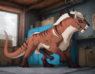 animal_genitalia animal_penis balls black_horn black_markings brown_body countershading detailed_background dewclaw equine_penis feral flared_penis genitals horn hybrid_genitalia hybrid_penis knot knotted_equine_penis looking_at_viewer male markings open_mouth penis purple_eyes sheath solo standing white_body white_countershading latiodile felkin hi_res