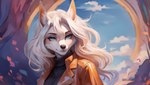 abstract_background ambiguous_gender anthro clothed clothing female fur hair jacket looking_at_viewer open_clothing open_jacket open_topwear smile solo sweater topwear tuft turtleneck wavy_hair white_body white_fur white_hair canid canine canis jackal mammal 16:9 hi_res tagme widescreen