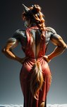 anthro female hair muscular muscular_female ponytail qipao realistic simple_background solo redstallion_(director) canid canine canis mammal wolf hi_res