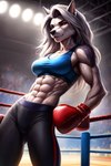 abs anthro background_gym biceps boxing_gloves clothing exercise female fighting_ring handwear simple_background slim solo sweating triceps veiny_arms veiny_biceps hellapoc loona_(helluva_boss) canid canid_demon demon hellhound mammal