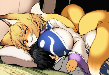 anthro big_breasts black_hair blonde_hair breasts duo embrace female female_on_top fur hair half-closed_eyes hug huge_breasts lying male male/female multi_tail narrowed_eyes on_top pillow smile smiling_at_viewer tail yellow_body yellow_eyes yellow_fur anonymous_director touhou_project ran_yakumo canid canine fox human mammal
