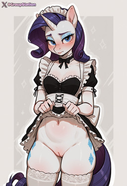 anthro blush clothed clothing clothing_lift cutie_mark dress dress_lift embarrassed exhibitionism female genitals hips horn legwear looking_at_viewer maid_uniform nudity presenting presenting_pussy pussy simple_background solo stockings uniform groupstation friendship_is_magic my_little_pony rarity_(mlp) equid equine horse mammal pony unicorn absurd_res hi_res portrait three-quarter_portrait