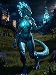 anthro breasts cattorihanzo female glowing glowing_eyes hi_res lizard looking_at_viewer magic_user nipples non-mammal_breasts non-mammal_nipples nude outdoors outside pose reptile scalie seductive solo stable_diffusion