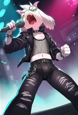 4_fingers anthro belt black_clothing bottomwear bracelet cheek_tuft chest_tuft clawed_hands clothing collar concert crop_top eyes_closed eyewear facial_tuft fingers fishnet fishnet_clothing fishnet_topwear fist floppy_ears front_view glasses horn inside jacket jewelry leather leather_bottomwear leather_clothing leather_jacket leather_pants leather_topwear low-angle_view male microphone navel neon_lights open_mouth pants punk shirt singing skinny_male solo spiked_bracelet spikes stage standing topwear torn_clothing tuft white_body ratarang_(director) deltarune undertale_(series) ralsei boss_monster bovid caprine mammal hi_res portrait three-quarter_portrait