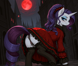 animal_genitalia animal_pussy anus blood_moon blue_eyes castle clothed clothed_feral clothing cloud curled_hair curled_tail darkened_genitalia dock_(anatomy) dress equine_anus equine_pussy eyelashes eyeshadow fangs female feral fur genitals gothic hair hooves horn lace lace_stockings legwear looking_at_viewer looking_back looking_back_at_viewer makeup night purple_hair pussy raised_tail red_clothing red_dress solo stockings teeth white_body white_fur equid equine horse mammal pony unicorn vampire hi_res