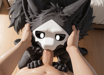 animal_ears anthro bed bedroom black_body black_eyes black_fur black_pawpads black_sclera bodily_fluids deep_throat duo fellatio female first_person_view fluffy fluffy_fur fluffy_tail fur furniture genitals human_on_anthro interspecies looking_at_viewer male male_pov mask neck_tuft oral pawpads penile penis saliva saliva_on_penis sex thick_tail tuft white_eyes 11211te changed_(video_game) puro_(changed) human mammal 2025 hi_res
