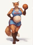 4_toes 5_fingers anthro athletic athletic_anthro ball barefoot basketball basketball_uniform bedroom_eyes belly biceps big_belly big_breasts black_nose bottomwear breasts brown_body brown_fur casual_exposure cheek_tuft claws cleavage clothed clothed_anthro clothing confident countershading dipstick_tail facial_tuft feet female finger_claws fingers fluffy fluffy_tail fur gloves_(marking) green_eyes hand_on_hip hindpaw holding_object leg_markings looking_at_viewer markings midriff multicolored_body multicolored_fur muscular muscular_anthro muscular_female narrowed_eyes navel orange_body orange_fur outie_navel pawpads paws pink_pawpads plantigrade pregnant pregnant_anthro pregnant_female seductive shadow shirt shorts simple_background smile socks_(marking) solo sportswear standing tail_markings tan_body tan_fur tank_top text text_on_clothing text_on_topwear thick_thighs toe_claws toes tongue topwear tuft uniform white_background white_body white_fur anonymous_director canid canine fox mammal red_fox english_text full-length_portrait hi_res portrait shaded