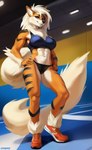 anthro arcanine bra canid clothing female fluffy fluffy_tail footwear generation_1_pokemon hi_res mammal muscular muscular_female pokemon_(species) seductive shoes sneakers solo sports_bra underwear yopfox