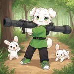 ambiguous_gender belt biped black_bottomwear black_clothing black_pants blush bottomwear clothed clothing detailed_background feral fingers floppy_ears footwear forest fully_clothed fur gloves grass green_clothing green_shirt green_topwear group gun handwear head_tuft holding_gun holding_object holding_weapon kemono looking_at_viewer male nature open_mouth outside pants plant ranged_weapon rocket_launcher shirt shoes smile standing tail topwear tree trio tuft weapon white_body white_fur young_male anonymous_director canid canine canis domestic_dog lagomorph leporid mammal rabbit