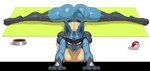 accessory anthro black_body black_fur blue_body blue_fur bowl breaking_the_fourth_wall butt container female fur large_breasts looking_at_viewer nipples pokeball red_eyes simple_background smile solo spread_legs spreading stretching white_background yoga yoga_mat ahogagu nintendo pokemon generation_4_pokemon lucario pokemon_(species) hi_res