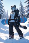 anthro black_ears blue_eyes clothing damion_moore felid female fluffy fluffy_tail fur gloves grey_body grey_fur handwear hi_res leopard_spots mammal pantherine pink_nose plant snow snow_leopard snow_on_branches snow_on_ground snowboard solo sportswear spots tree whiskers winter_clothing