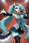 abstract_background alternate_species anthro blue_hair bottomwear breasts claws clothing collared_shirt crossover female fur furrification grey_body grey_fur hair happy legwear looking_at_viewer medium_breasts microphone necktie open_mouth outstretched_arm pose red_background red_sclera simple_background singing skirt solo teeth thigh_highs tongue very_long_hair white_body white_eyes white_fur ayo_keito hatsune_miku_(character) loona_(helluva_boss) canid canid_demon demon hellhound mammal absurd_res hi_res