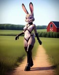 anthro barn bdsm boots breasts clothed clothing collar dominatrix ears_up eyebrows female footwear gloves grin handwear harness high_heels latex_armwear latex_boots latex_legwear looking_at_viewer outdoors raised_eyebrows rubber rubber_boots skimpy small_breasts smile solo zootopia corgiboom judy_hopps lagomorph leporid mammal rabbit hi_res