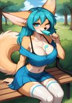 anthro bench blue_eyes blue_hair bottomwear bra clothed clothing collarbone crop_top female food fur grass hair legwear navel off_shoulder one_eye_closed orange_body orange_fur organs outdoors park plant popsicle shirt sitting skirt solo stomach sucking thigh_highs topwear tuft underwear white_body white_fur wink ayo_keito keitori_(ayo_keito) canid canine fennec fox mammal absurd_res hi_res