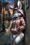 anthro back_alley bottomless cigarette city city_background cityscape clothed clothing crotch_tuft dark detailed_background dirty_street ears_through_headwear exposed eyelashes eyeliner female half-closed_eyes hero_view hi_res hood_on hoodie judy_hopps lagomorph leaning_on_wall leporid long_ears long_eyelashes looking_at_viewer makeup mammal mascara narrowed_eyes night nightdancer outdoors outside partially_clothed pink_nose presenting provocative pubes public public_exposure rabbit rabbit_ears rabbit_nose smoke_from_mouth smoking solo standing street street_lamp streetwear topwear trash tuft whiskers zootopia