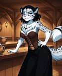alcohol anthro bar beer beverage black_hair blue_eyes breasts chest_tuft cleavage clothed clothing corset dress female fur hair hand_on_hip inside leopard_spots lingerie looking_at_viewer prompt smile solo spots spotted_body spotted_fur tavern topwear tuft white_body white_fur anontk twokinds adira_riftwall felid keidran leopard mammal pantherine snow_leopard hi_res