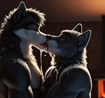 anthro bodily_fluids canid canine canis cum cum_in_mouth cum_inside duo eyes_closed fur genital_fluids junothewoofer kissing male male/male mammal muscular muscular_male nude pecs romantic romantic_ambiance romantic_couple side_view snowballing tongue wolf