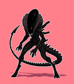 5_fingers ambiguous_gender black_body digitigrade exoskeleton fangs fingers fur not_furry pink_background simple_background solo tail teeth unusual_anatomy unusual_tail loren_iipsum alien_(franchise) alien humanoid xenomorph hi_res