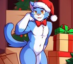 anthro bad_background blue_body christmas_clothing christmas_headwear clothing hat headgear headwear jewelry male multicolored_body necklace santa_hat solo the_return_to_freddy's two_tone_body white_body yellow_eyes candougie sugar_(trtf) domestic_cat felid feline felis mammal