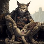 anthro clothed clothing female genitals partially_clothed pussy smile solo spread_legs spread_pussy spreading yellow_eyes hyperion felid feline khajiit mammal hi_res