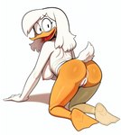 all_fours anatid anseriform anthro anus avian beak bird black_eyes breasts butt cloud9999 cybernetic_leg cybernetic_limb della_duck disney duck ducktales ducktales_(2017) eyebrows eyeliner female genitals hair hanging_breasts hi_res kneeling long_hair looking_at_viewer looking_back looking_back_at_viewer makeup membrane_(anatomy) nipples non-mammal_breasts non-mammal_nipples on_ground open_mouth orange_legs peach_pussy pink_nipples presenting presenting_hindquarters prosthetic pussy rear_view scut_tail short_tail simple_background smile solo tongue webbed_feet white_background white_body white_hair white_skin wide_eyed