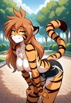 anthro big_breasts breasts brown_hair chest_tuft clothed clothing cloud dolphin_shorts female fur hair hands_on_legs hands_on_thighs hanging_breasts leaning leaning_forward looking_at_viewer nipples orange_body orange_fur outside park plant prompt raised_tail shrub sky smile solo topless tree tuft white_body white_fur yellow_eyes leomole twokinds flora_(twokinds) felid mammal pantherine tiger 2025 hi_res portrait three-quarter_portrait