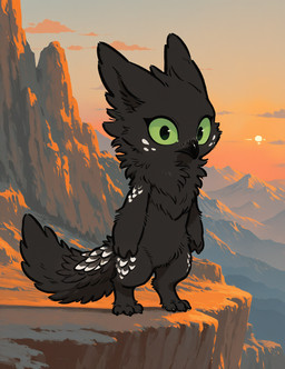 3_toes ambiguous_gender anthro beak black_body black_fur chibi claws cliff digitigrade featureless_chest featureless_crotch feet fluffy fluffy_tail fur green_sclera looking_at_viewer mountains neck_tuft neutral_expression solo spots spotted_body spotted_fur standing sunset toes tuft oldhroft shadow_(oldhroft) avian velari hi_res