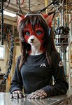 anthro black_hair blue_eyes clothing female furniture hair headgear inside laboratory red_body robotic_arms serious_face shirt solo table topwear ironwolfsaber ara fan_character domestic_cat felid feline felis mammal hi_res