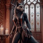 anthro belt breasts candle church claws clothing female genitals inside mask navel nipples paws plant pussy raining solo steampunk topwear wearing wolfs-chaser canid canine canis mammal were werecanid werecanine werewolf wolf