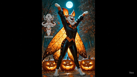 4_wings anthro autumn_forest autumn_leaves backlit_ears backlit_wings black_nose black_suit blue_eyes female full_moon grin jack-o'-lantern moon multi_wing night orange_bowtie orange_ears orange_wings rock sky smile solo sound_effects star stone_path stretching water wings bahufaru halloween_2025 arthropod canid canine fox hybrid insect lepidopteran mammal moth animated hi_res short_playtime sound webm