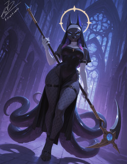 anthro blue_eyes breasts clothed clothing cross detailed_background feet female fingers fishnet fishnet_legwear hair holding_object jewelry legwear looking_at_viewer melee_weapon necklace nun nun_habit polearm solo toes weapon kirinokanro luxur_(kirinokanro) mammal hi_res