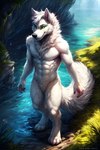 absurd_res anthro canid canine canis crotch_tuft digitigrade featureless_crotch fluffy fluffy_tail fur grass green_eyes hi_res high-angle_view male mammal muscular nude plant solo solo_focus tuft water white_body white_fur wolf yalonip yiffymix_(model)