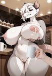 anthro big_breasts bodily_fluids breasts coffee_cup coffee_shop container cup duo female fur genitals grey_body grey_fur hair holding_breast inside lactating male male/female navel projectile_lactation pussy rat_tail red_eyes thick_thighs white_body white_fur white_hair mexican_kratos didelphid human mammal marsupial phalangeriform edit