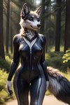 absurd_res anthro big_breasts black_suit blue_eyes breasts canid canine canis clothing female forest fur furtasticv20_(model) game0ne grey_body grey_fur hi_res looking_at_viewer mammal outside plant seductive solo stable_diffusion tree wolf