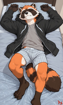 anthro barefoot bed bedding biped black_clothing black_nose black_topwear bottomwear boxers_(clothing) brown_body brown_fur bulge claws clothed clothing eyes_closed feet finger_claws fur furniture grey_clothing grey_topwear hoodie jacket leg_markings lying lying_on_bed male markings multicolored_body multicolored_fur on_back on_bed open_clothing open_topwear orange_body orange_fur pattern_bottomwear pattern_clothing pattern_underwear pillow ring_(marking) ringtail shirt sleeping socks_(marking) solo striped_markings striped_tail stripes tail tail_markings teeth toe_claws toes topwear tuft underwear white_body white_fur towersmash mammal procyonid raccoon hi_res signature