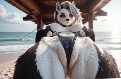 anthro beach big_breasts black_body black_fur breasts cinematic clothing collar curvaceous curvy_figure female figure fur g-string multicolored_body multicolored_fur sea seaside seductive solo tuft two_tone_body two_tone_fur underwear voluptuous water wet wet_body white_body white_fur markrhey hellaverse helluva_boss loona_(helluva_boss) canid canine mammal animated hi_res short_playtime webm