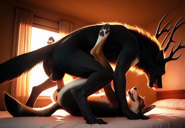 animal_genitalia animal_penis animal_pussy anthro anthro_on_anthro anthro_penetrated anthro_penetrating anthro_penetrating_anthro antlers anus balls balls_deep bed bedroom big_penis black_balls black_body black_fur bodily_fluids breasts butt canine_genitalia canine_pussy claws clenching_balls dark_balls deep_penetration detailed_background digitigrade duo erection eyes_closed face_lick fangs feet female female_penetrated from_front_position fur furniture genitals happy horn inside larger_male legs_up licking long_penis looking_pleasured lying male male/female male_penetrating male_penetrating_female missionary_position multi_nipple multicolored_body multicolored_fur mythology nipples nude on_back on_bed open_mouth pawpads paws penetration penile penile_penetration penis penis_in_pussy photorealism pillow presenting presenting_pussy pussy red_penis sex size_difference smile tail teeth thrusting tight_balls tight_fit toe_claws toes tongue tongue_out vaginal vaginal_penetration balloon_(director) canid canine canis mammal werecanid werecanine werecreature werewolf wolf animated digital_media_(artwork) hi_res short_playtime webm