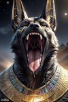 anthro black_body black_fur blue_eyes bodily_fluids desert fur gold_(metal) gold_jewelry jewelry male mouth_shot night_sky open_mouth oral_vore saliva solo vore l649000 anubian_jackal canid canine canis jackal mammal attempted_signature hi_res