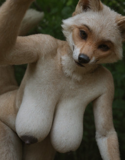 anthro bags_under_eyes big_breasts black_nipples breasts female forest mature_female nipples nude outside pinup plant pose sagging_breasts solo tree wintertreat canid canine fox mammal hi_res