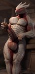 anthro beverage big_penis blush bodily_fluids erection genitals grin highlights_(coloring) holding_beverage holding_object horn huge_penis humanoid_genitalia humanoid_penis male male/male muscular penis red_eyes red_highlights red_penis scales smile solo solo_focus sweat tavern thick_thighs white_body white_scales alcholoicidiot the_dark_urge dragon dragonborn_(dnd) scalie