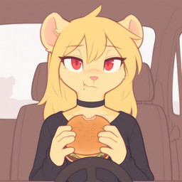 anthro blonde_hair burger car choker eating eating_food female food fur hair inside_car jewelry necklace red_eyes solo vehicle yellow_body yellow_fur verbotenvertex mila_minx mammal mink mustelid musteline true_musteline hi_res